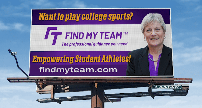 Barb's billboard photo for Find My Team - empowering student athletes.