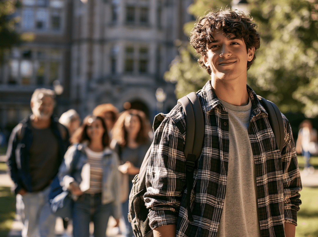 Teenager wearing a backpack visiting a college campus with his family and college buildings behind him.