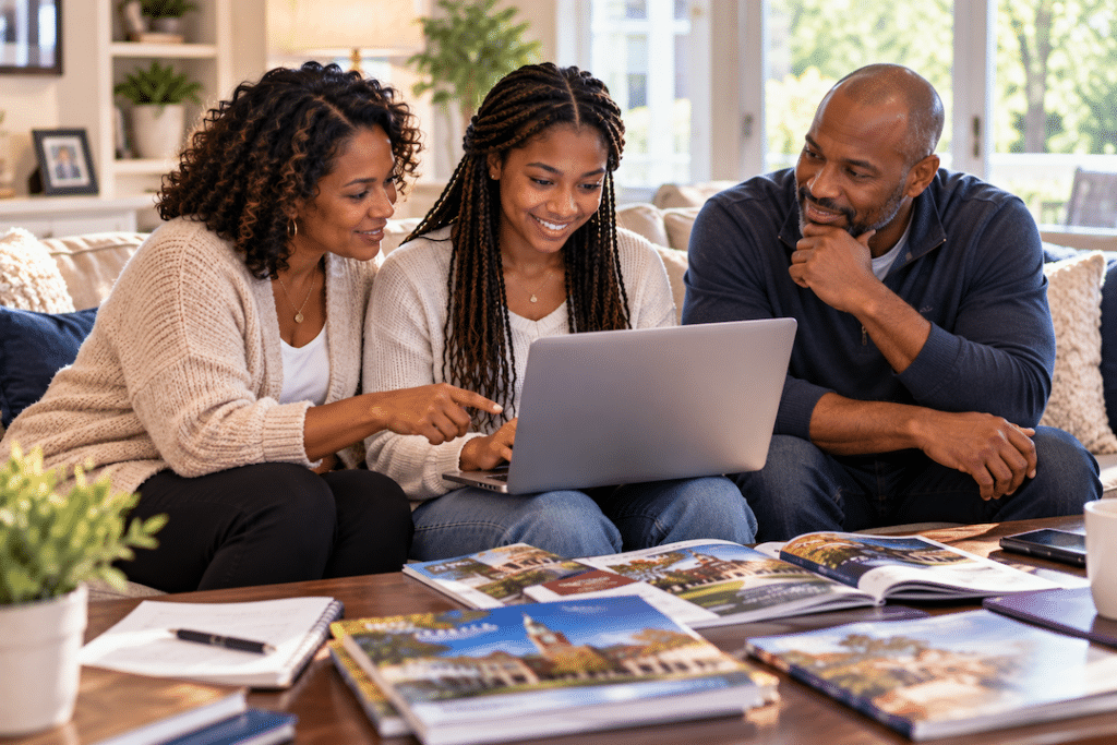 Parents sitting with their daughter who is holding a laptop and reviewing different colleges.