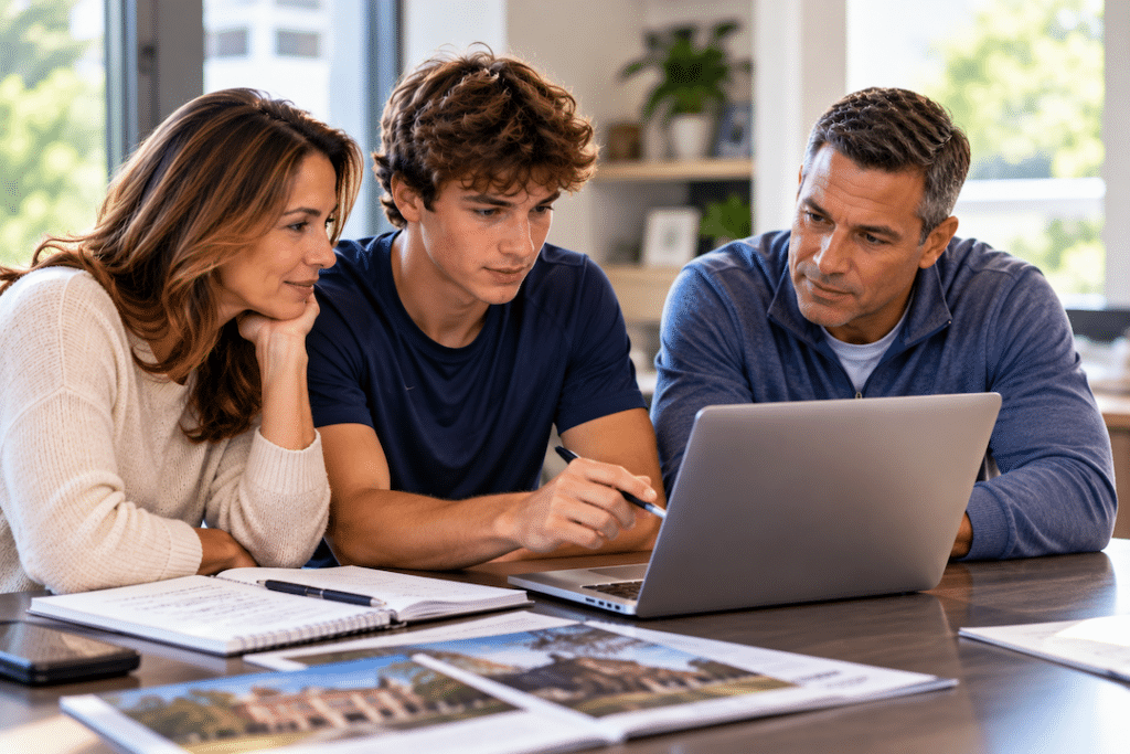 Parents working with their son on a laptop