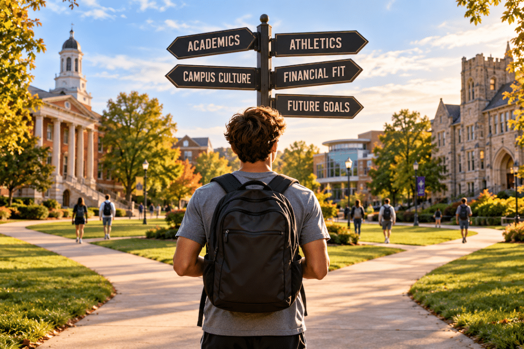 on a campus in front of a sign depicting lots of things to consider about college.